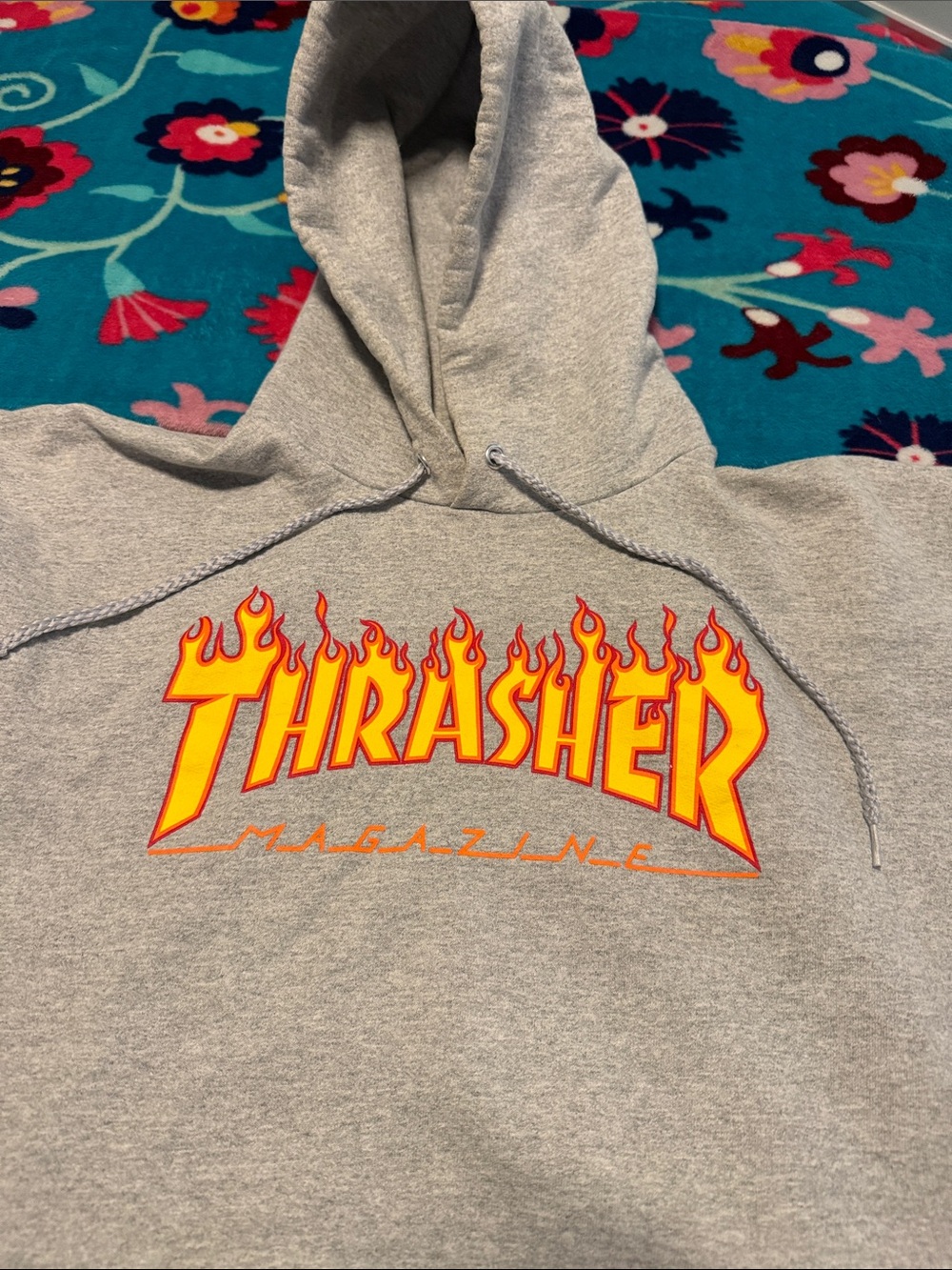 Thrasher Gray Hoodie with Yellow and Orange Flame Graphic
